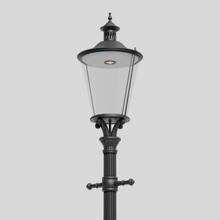 Černá klasická pouliční lampa A1B/03L s krytem a průhledným krytem, s viditelným jediným zdrojem LED světla uvnitř