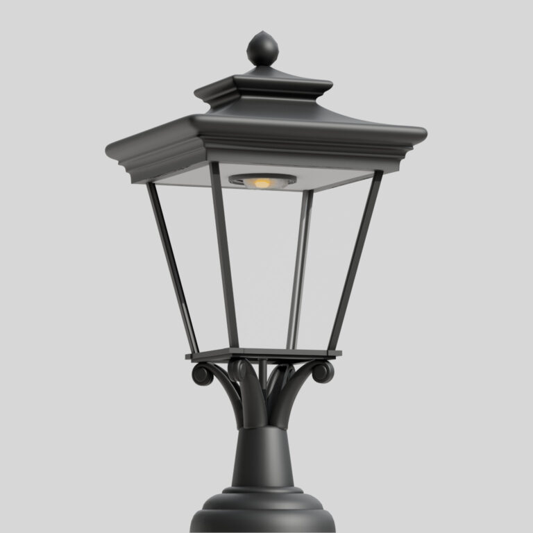 Černá klasická pouliční lampa s čtyřstrannou stříškou a skleněným krytem, s viditelným jediným LED světelným zdrojem uvnitř.