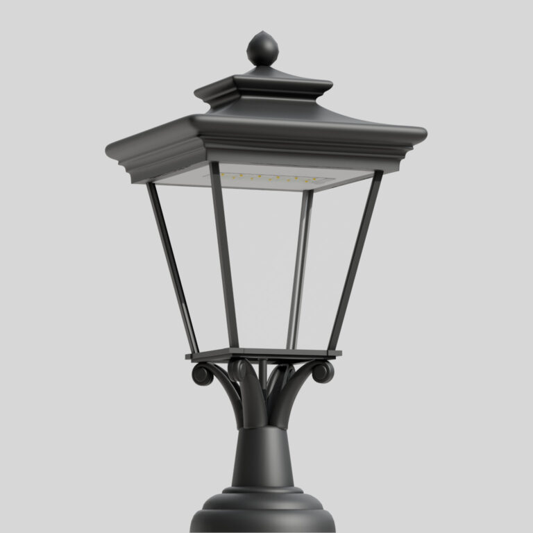 Dekorativní pouliční lampa model 10 Opal C s ozdobnými prvky koruny a ramen v retro stylu, vybavená moderním LED světelným zdrojem. Pohled zespodu na světle šedém pozadí.