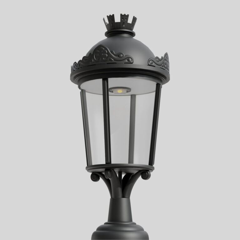 Zahradní svítidlo AM7, v retro stylu na šedém pozadí, s ozdobnou stříškou a průhlednými skly