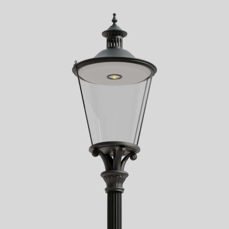 Detail klasické černé pouliční lampy B6/TR v retro stylu na světlém pozadí