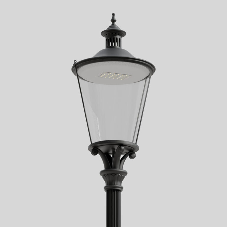 Detail klasické černé pouliční lampy B6/TR v retro stylu na světlém pozadí