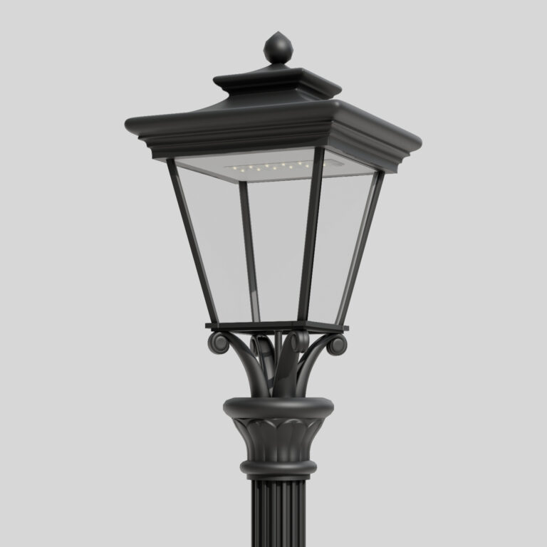 Černá klasická pouliční lampa A6/22M se čtyřúhelníkovou stříškou a průhledným krytem, s viditelným jediným zdrojem LED světla.